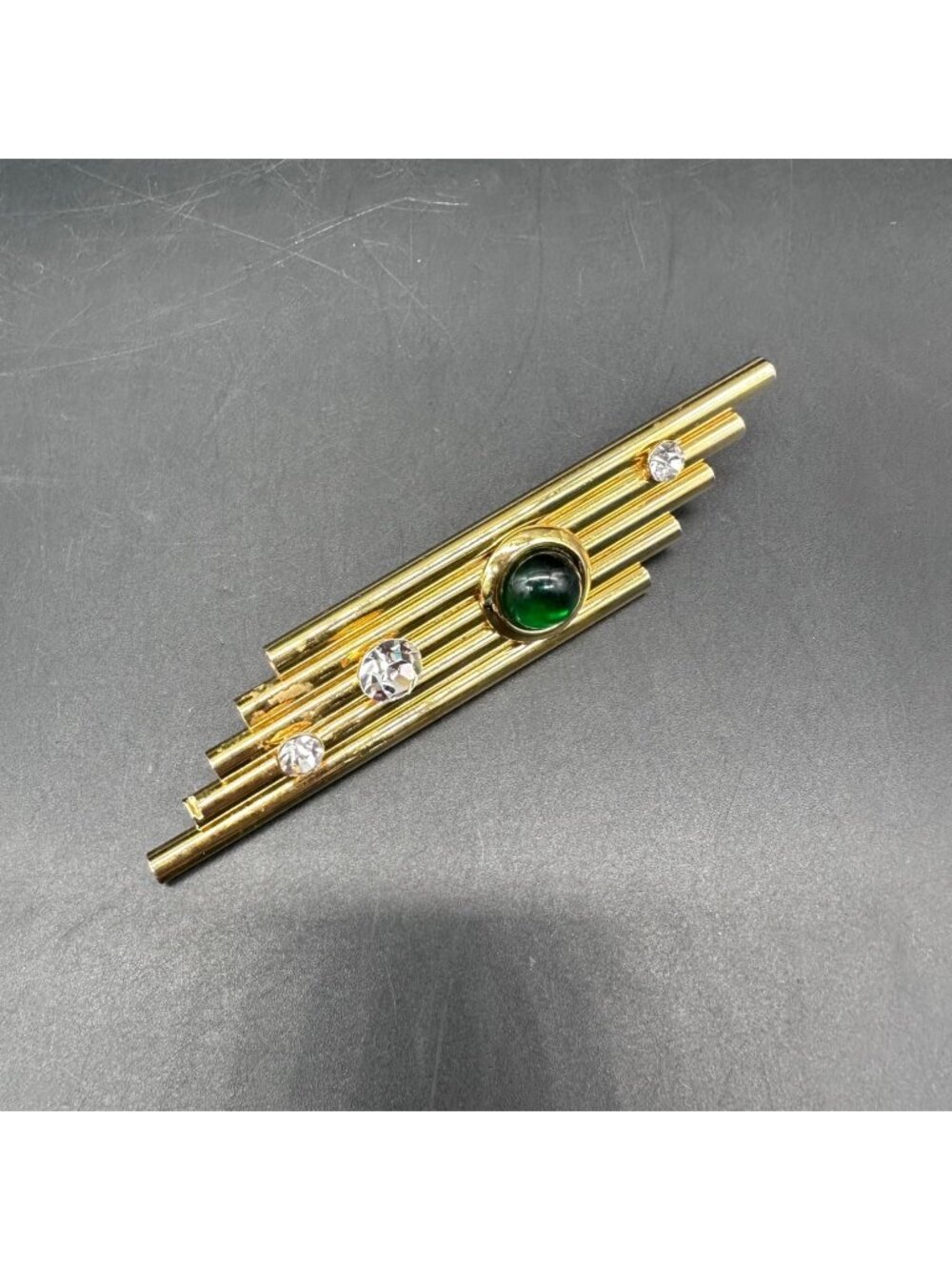 Vintage Modernist Bar Brooch Pin Green Cabochon Rhinestones Gold Tone Retro